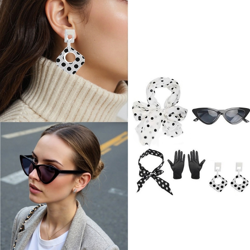 Women'S Accessories In The 1950S - 1950年代風の女性用コスチューム5点セット。水玉模様のスカーフ、ヘッドバンド、イヤリング、メガネ付き。ハロウィーン、コスプレパーティーに最適。