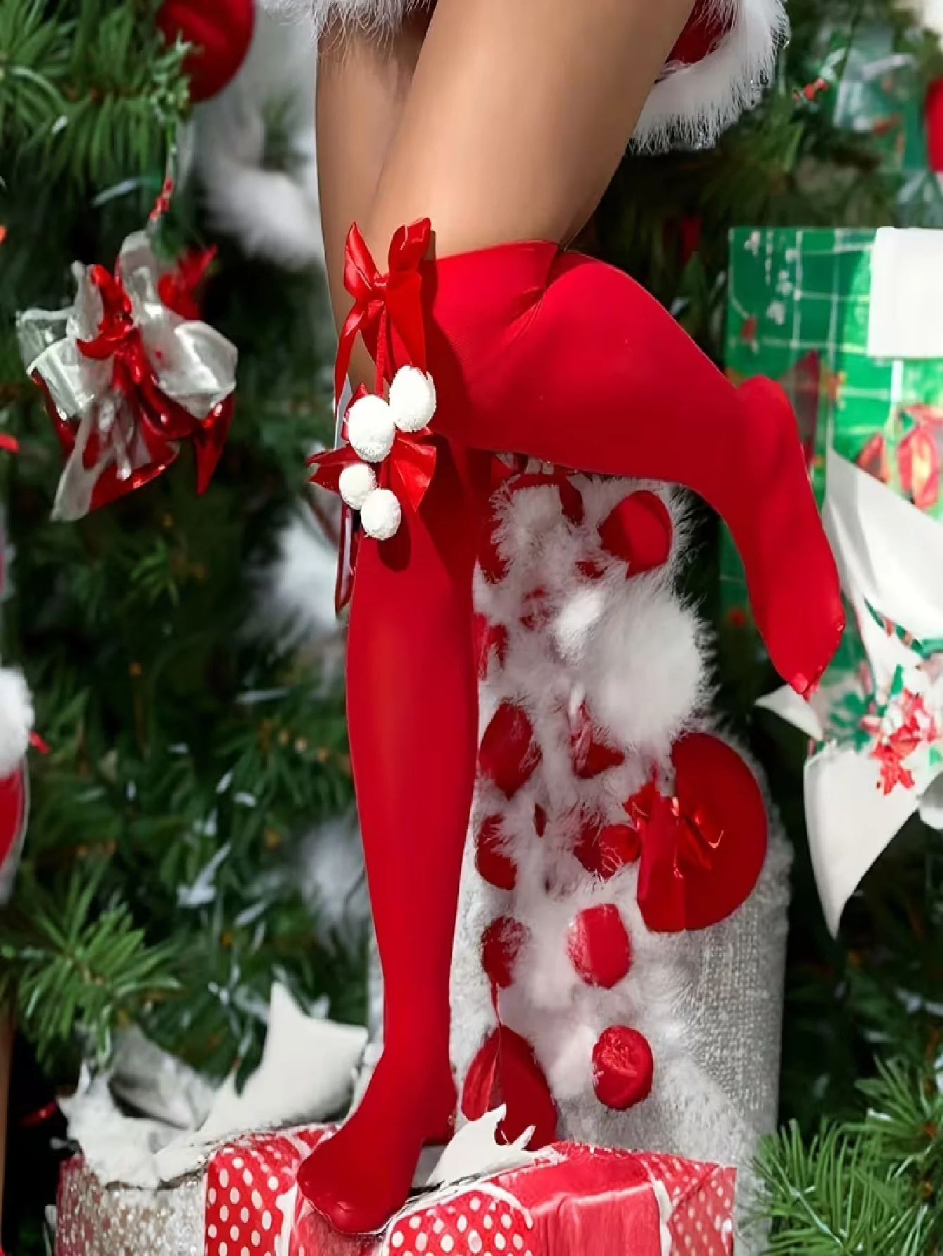 Women'S Red Accessories - 赤いリボンとポンポンが付いた、太もも丈のストッキング1組 - クリスマス衣装のアクセサリー、サイズはワンサイズ。