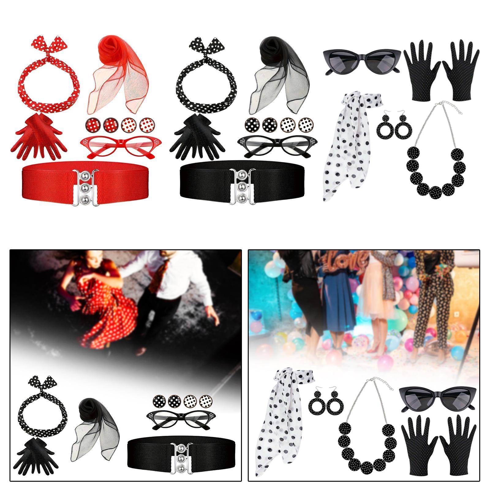 Women'S Accessories In The 1950S - 1950年代風の女性用コスチュームアクセサリーセット。スカーフ、ドット柄のイヤリング、手袋、キャットアイ型のメガネが含まれ、パーティーでの使用に最適。