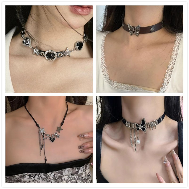 Women'S Emo Accessories - Y2K ヴィンテージ蝶クロスハートスターネックレス女性男性パンク Pu レザーチョーカージュエリーグランジチャームスタッフ EMO アクセサリー