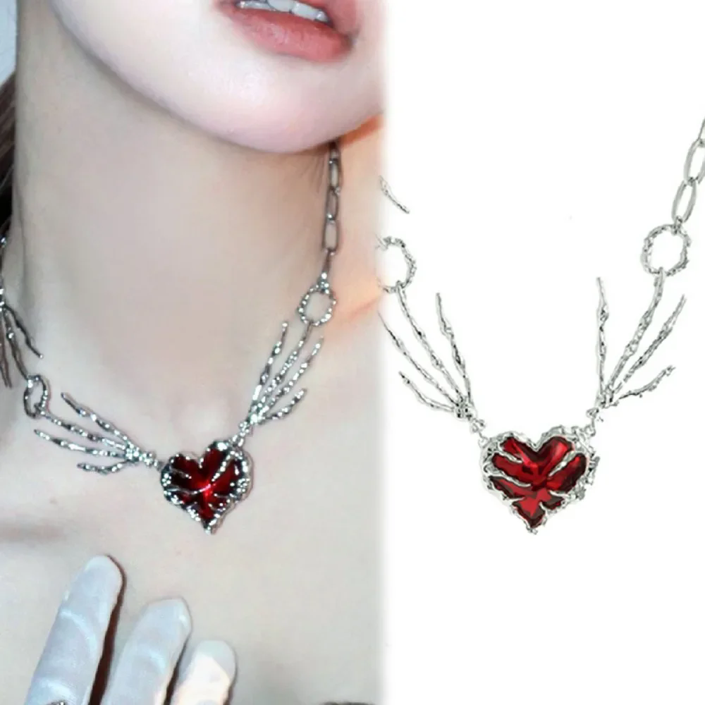 クロスハートレッドストーン手骨ペンダントチョーカーチェーンネ - Women'S Emo Accessories のレビューと価格