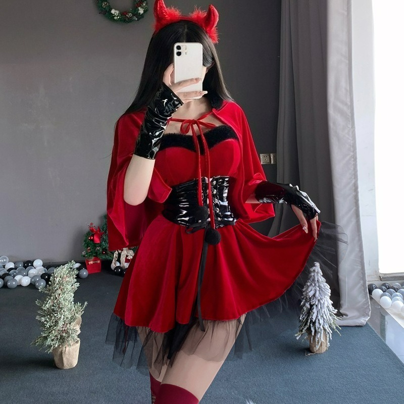 レッドデビル女性コスプレコスチューム6点セット ベルベットド - Women'S Red Accessories のレビューと価格