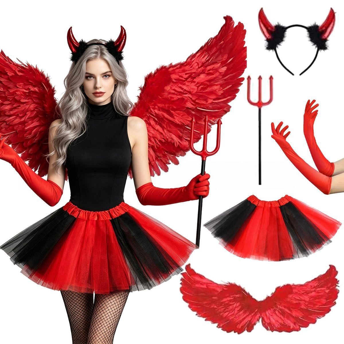 ハロウィーンのコスプレ用、赤い悪魔の頭飾り、羽根、スカート、 - Women'S Red Accessories のレビューと価格