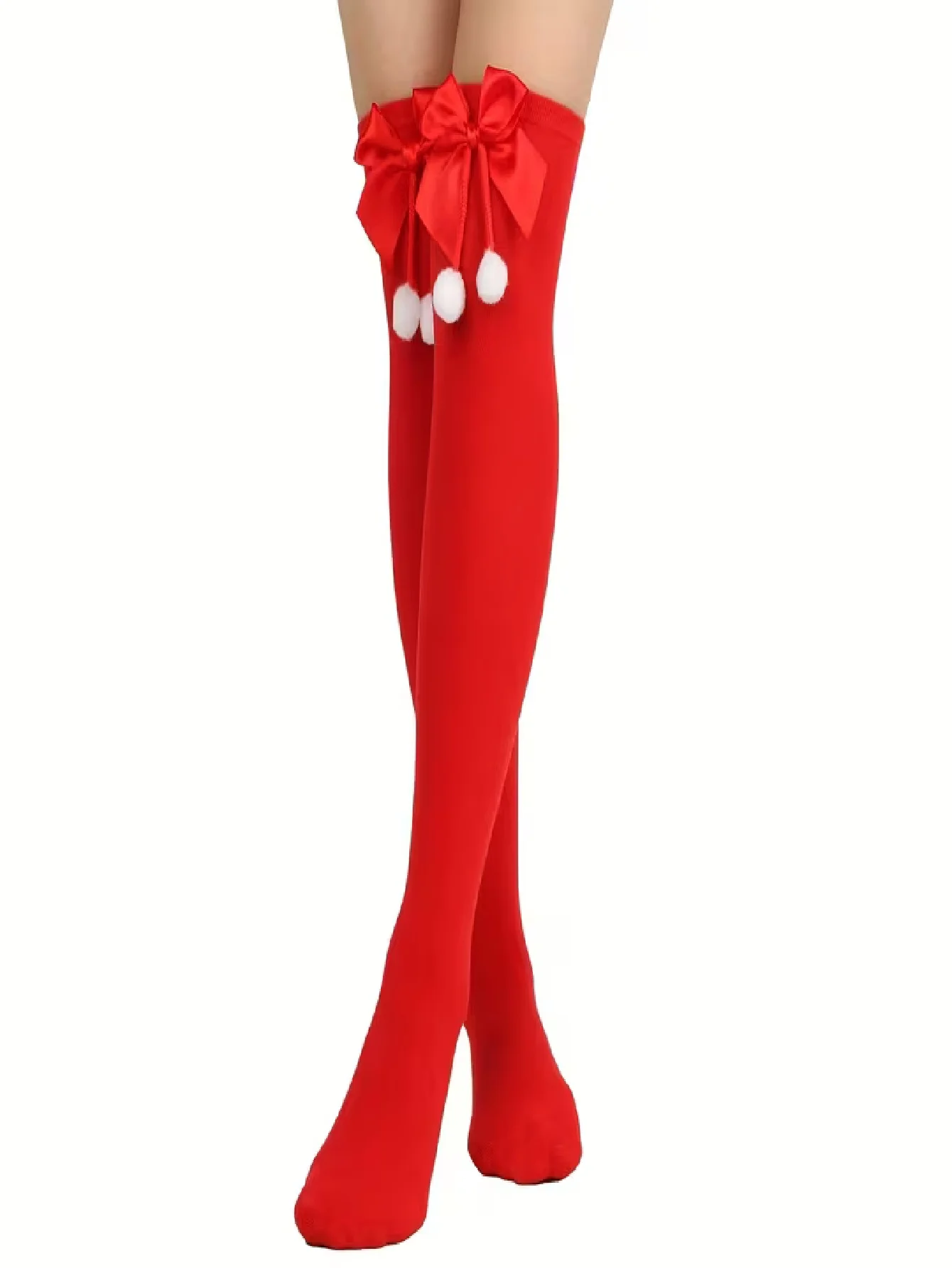 赤いリボンとポンポンが付いた、太もも丈のストッキング1組 - - Women'S Red Accessories のレビューと価格